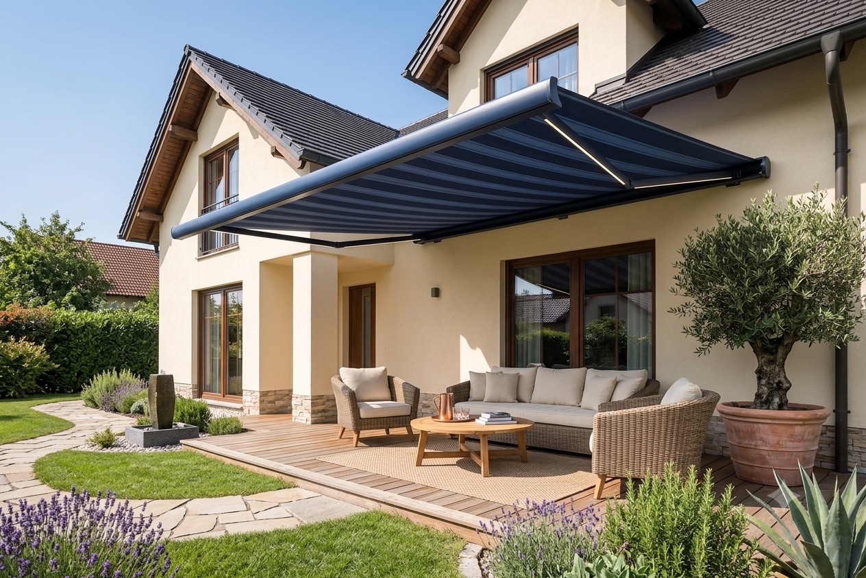 Gestreifte Kassettenmarkise über einer Terrasse mit Sitzbereich