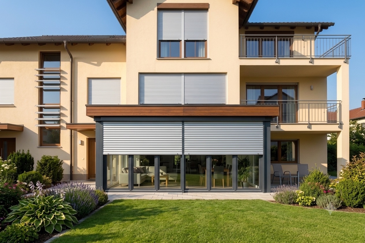 Haus mit Wintergarten und heruntergelassenen Aluminium-Rollläden